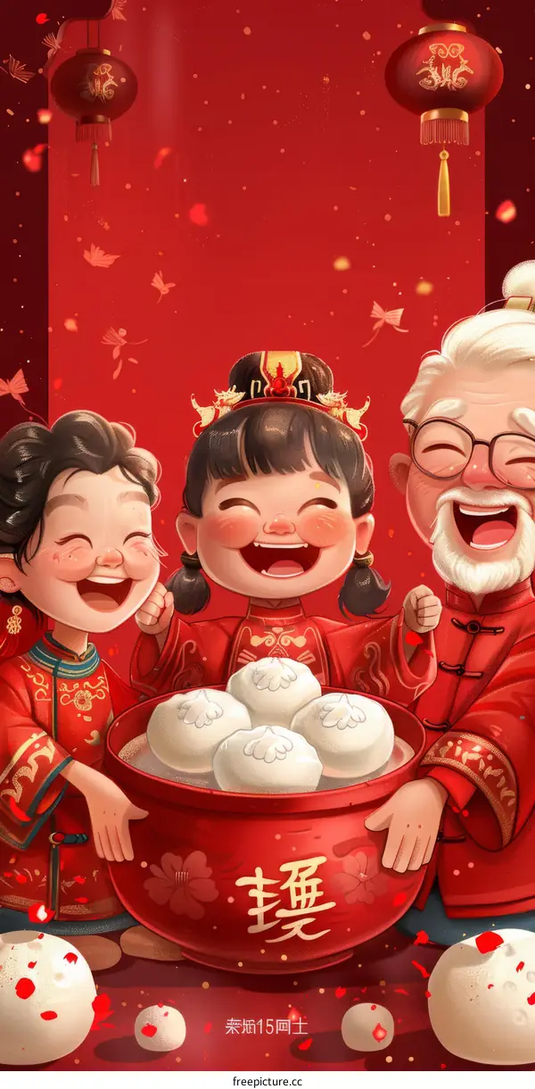 A happy family of three celebrating the Lantern Festival