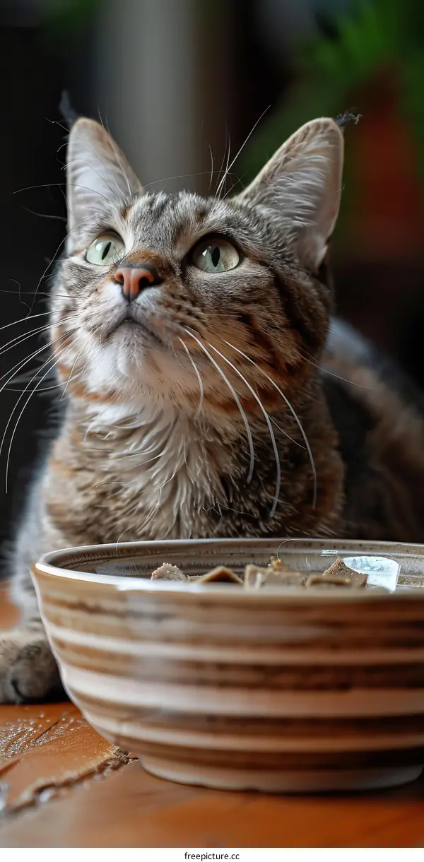 A cute cat looking up at the camera with a bowl of food