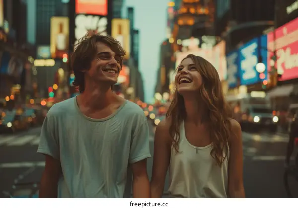Young couple laughing and walking in the city at night