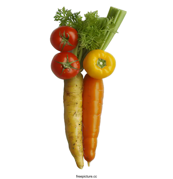 [Transparent Background PNG]Fresh Carrots, Tomatoes, and Yellow Bell Pepper on White Background