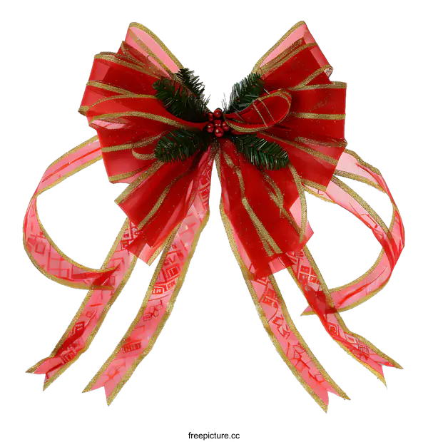 [Transparent Background PNG]Red and Gold Christmas Bow with Pine Sprigs