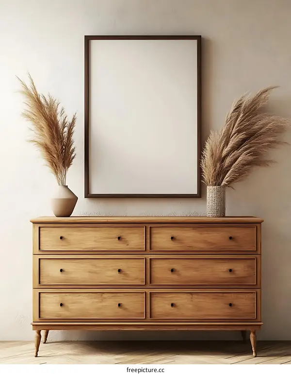 Empty Frame on Wooden Chest of Drawers in a Modern Interior