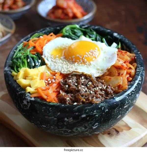 Delicious Korean Bibimbap with Egg and Vegetables in Stone Bowl