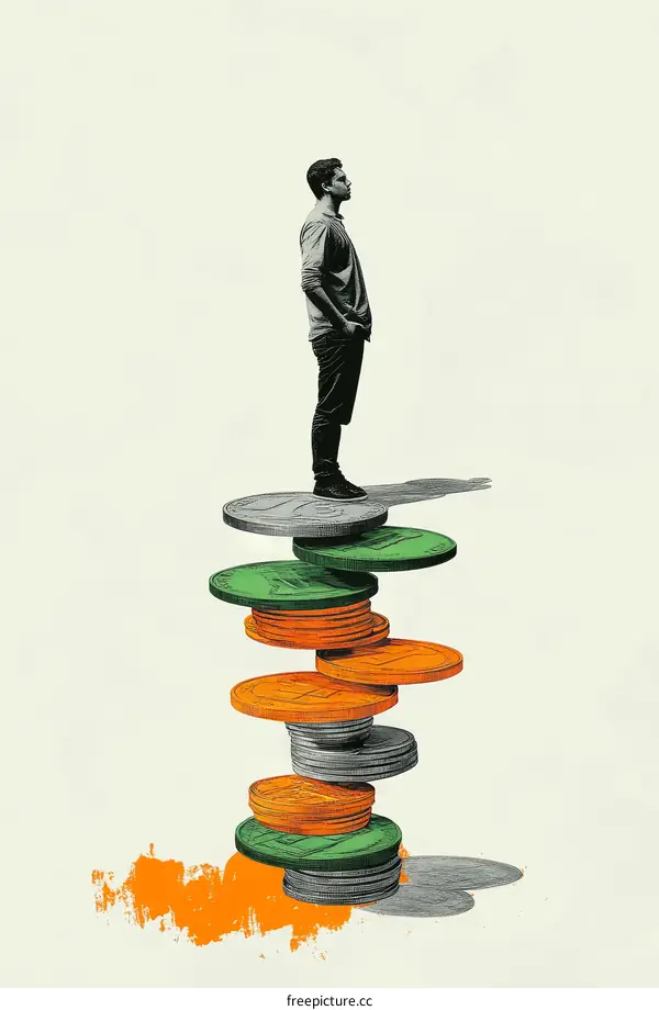 A Man Stands on a Stack of Coins Illustrative of Financial Goals