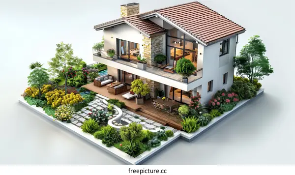 A modern two-story house with a beautiful garden and pool