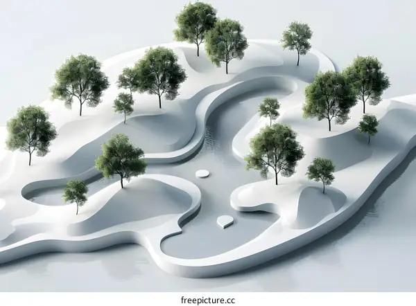 Abstract Minimalist Landscape With Green Trees And Water