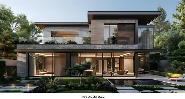 Courtyard villa surrounded by trees and a swimming pool