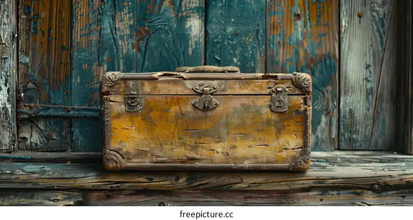 Vintage Weathered Suitcase on Blue Green Wooden Background