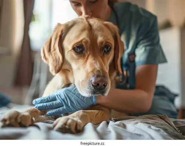 Close-up of a veterinarian comforting a dog