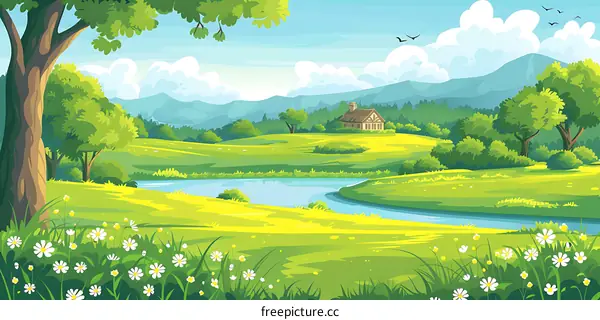 Summer Landscape with River and Mountains