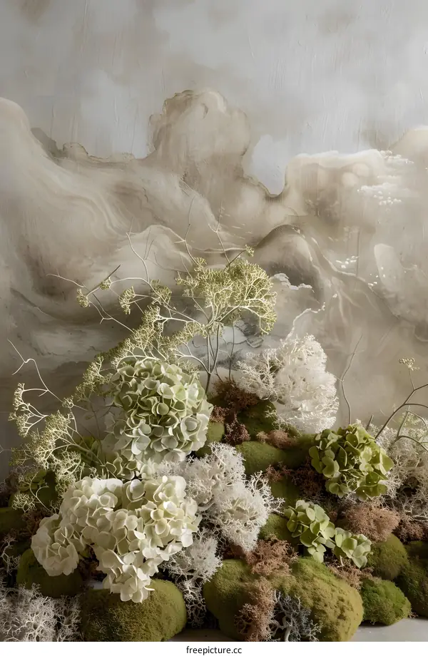 Abstract Green and White Floral Arrangement with Moss and Branches