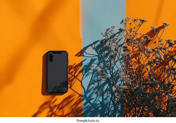 Black Phone Case With Flowers On Orange And Blue Background