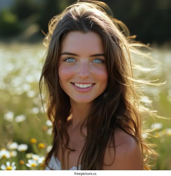 Portrait of a smiling young woman with long brown hair standing in a field of daisies