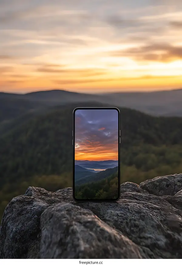 Smartphone on a rock with a sunset view on the screen