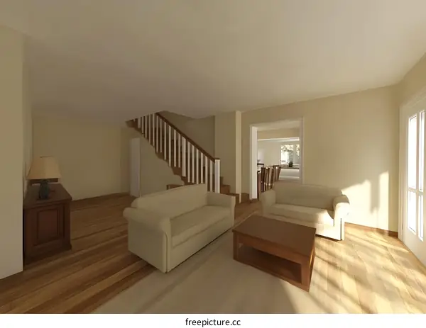 Modern Living Room Interior Design with Beige Sofa and Wooden Coffee Table