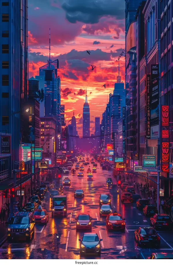 Cityscape at Sunset with Cars on Wet Street