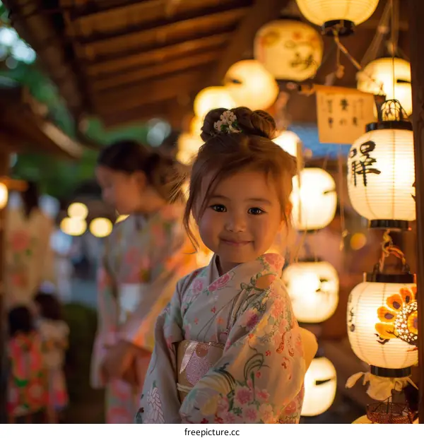 A cute little girl wearing a kimono standing in front of a paper lantern.