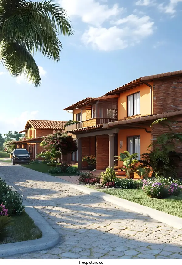 Mediterranean Style Home with Palm Trees and Cobblestone Driveway