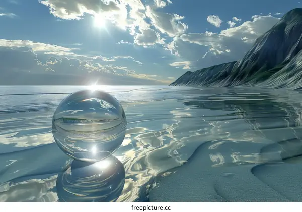 Glass Ball Suspended on the Beach with Rocky Cliffs in Background