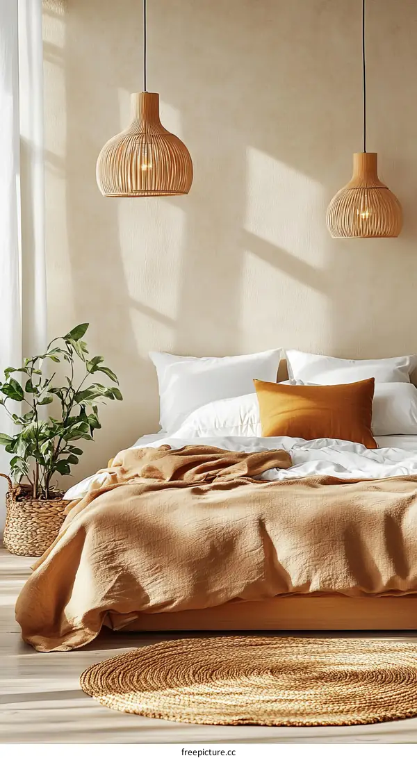 Beige Bedroom Interior with Woven Pendant Lights