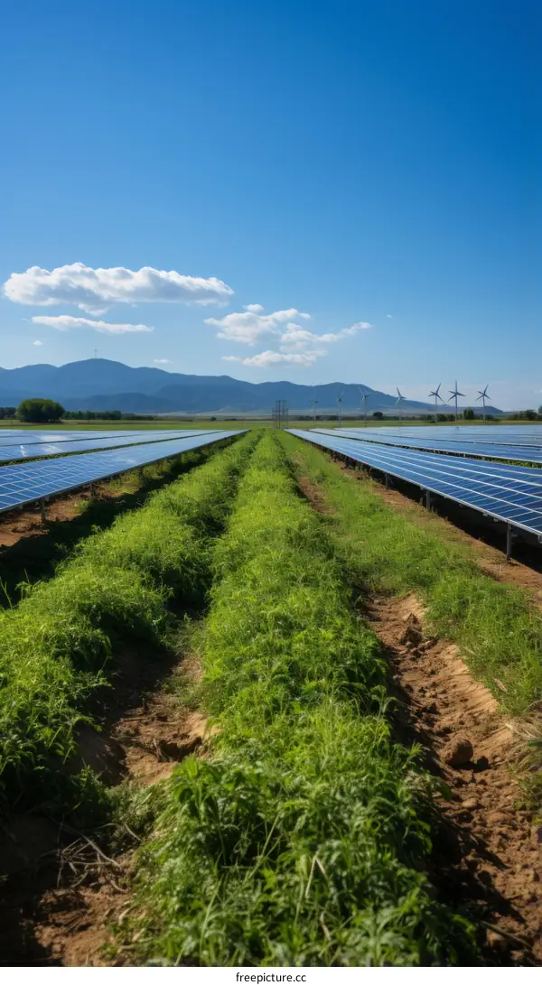 Vast Solar Farm in Rural Landscape with Distant Mountains