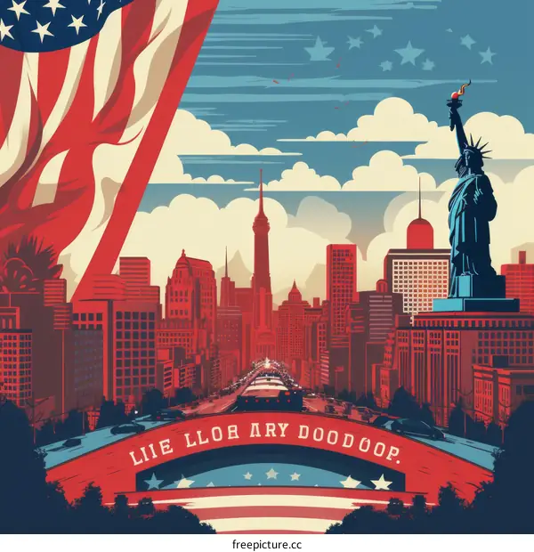 Statue of Liberty and New York City with American flag waving in the background