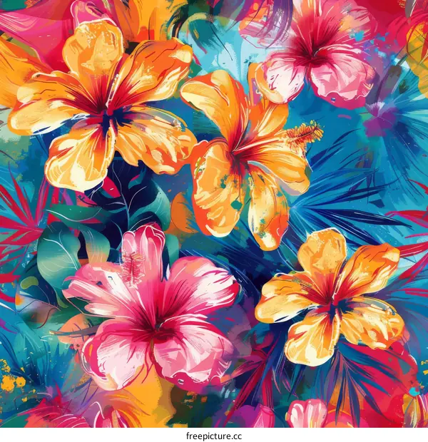 Tropical Hibiscus and Palm Leaves Pattern