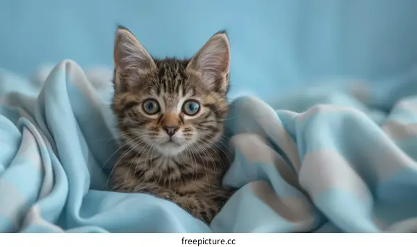 A cute tabby kitten wrapped in a blue blanket