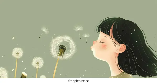 Girl Blowing Dandelion Seeds in Nature