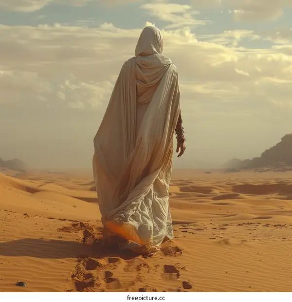 Solitary Figure in White Robe Walking Through Desert