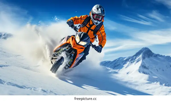 Snowmobiling through the snow in the mountains