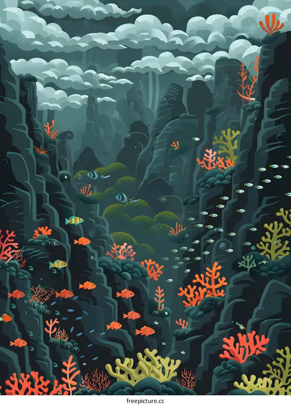 Underwater World Illustration With Reefs, Coral and Fish