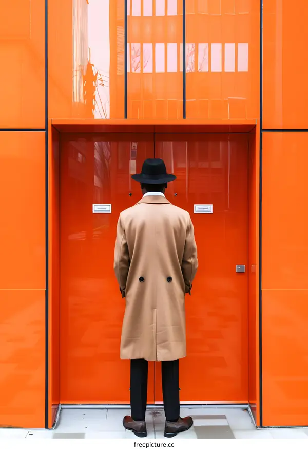 Man in a Coat and Hat Standing in Front of Orange Door