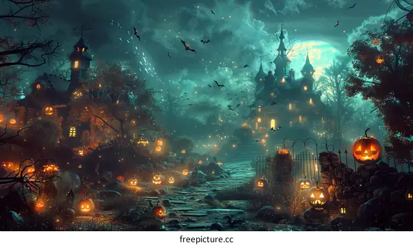 Halloween Night Haunted House with Pumpkins and Bats