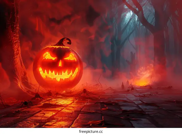 Halloween Pumpkin Carvings in Dark and Eerie Forest