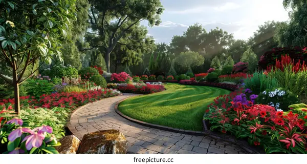 front yard landscaping ideas with colorful flowers,curved walkway and evergreen trees