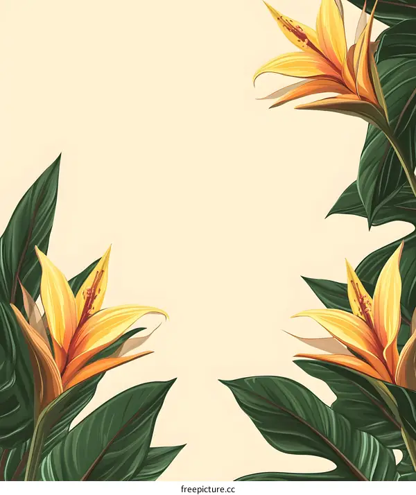 Tropical Flowers and Leaves Frame Background