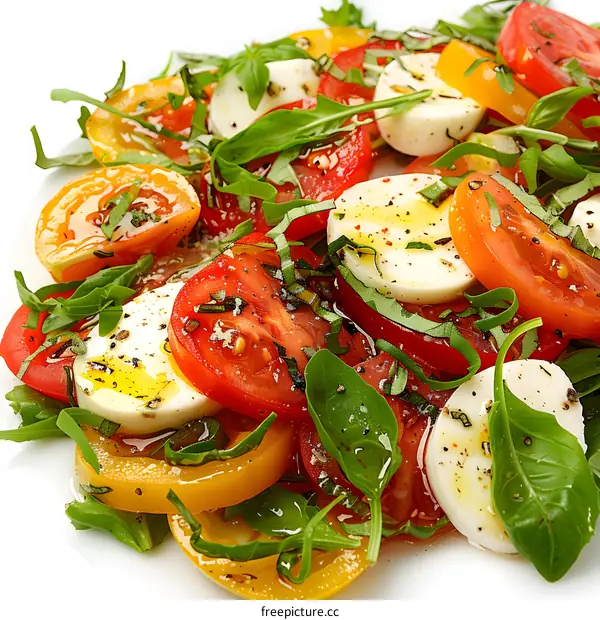 Close-up of a Caprese salad with basil, tomatoes and mozzarella cheese