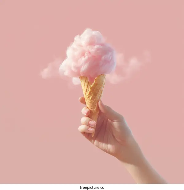 Pink Cotton Candy Ice Cream Cone in a Hand