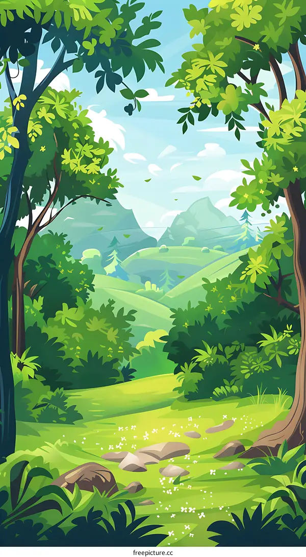 Green Forest With Mountain Landscape Illustration