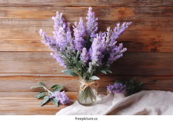 Purple Flowers Arrangement on Wooden Background
