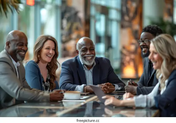 A group of people are sitting around a table having a meeting