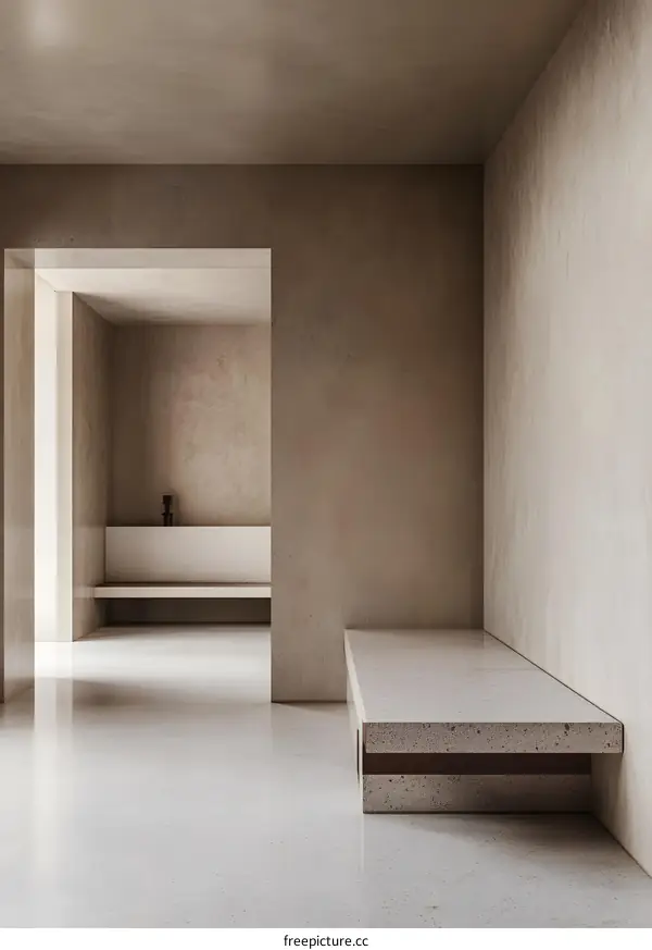 Minimalist Interior Design with Stone Walls and Bench