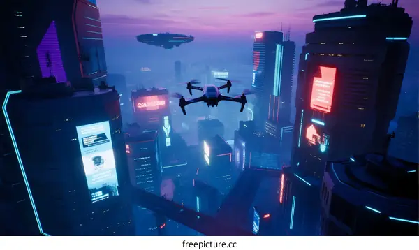 Futuristic Cyberpunk Cityscape with Drone Flying Over Buildings