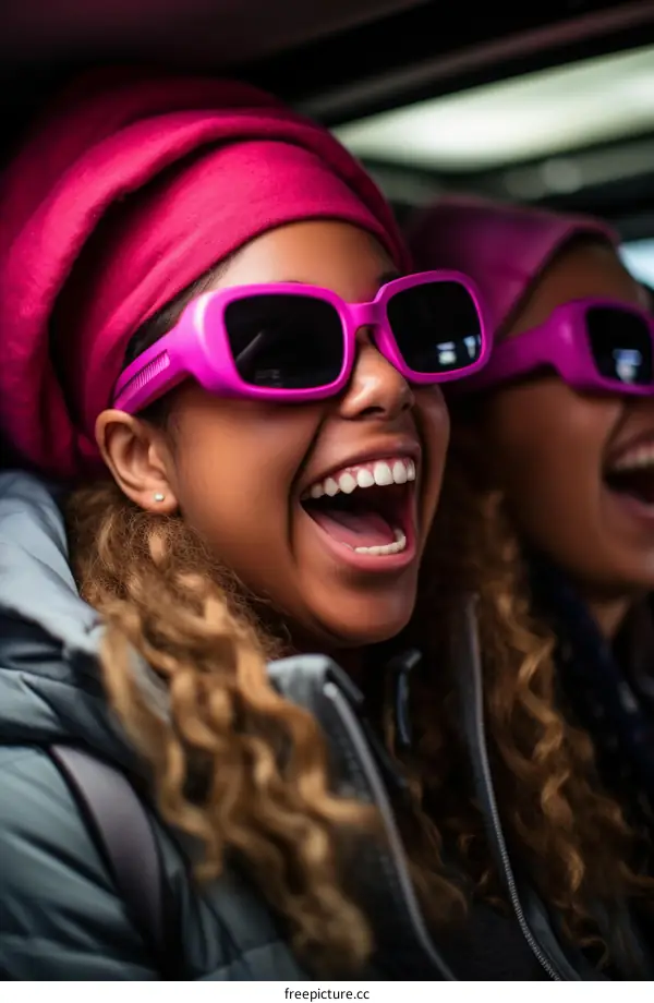 Two young women wearing pink sunglasses are laughing.