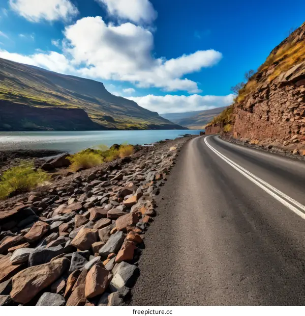Scenic view of a road along a lake with mountains in the distance