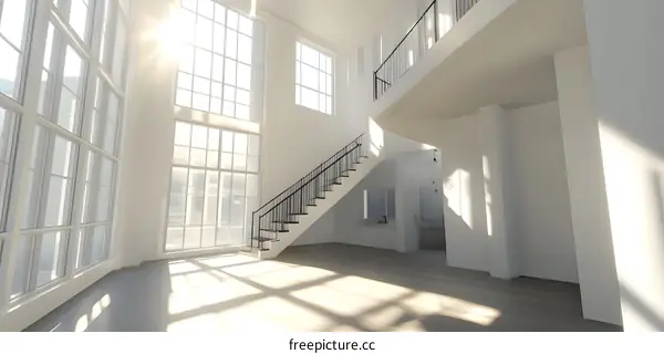 Modern Minimalist Interior Design with Staircase and Large Windows