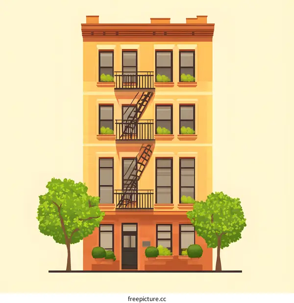 Yellow Brick Apartment Building with Trees