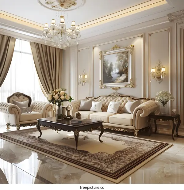 Luxury Living Room Interior Design with Chandelier and Sofa