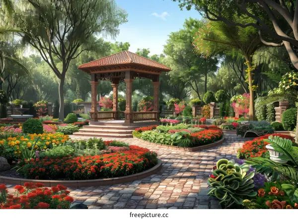 Vibrant Landscaped Garden with Central Gazebo